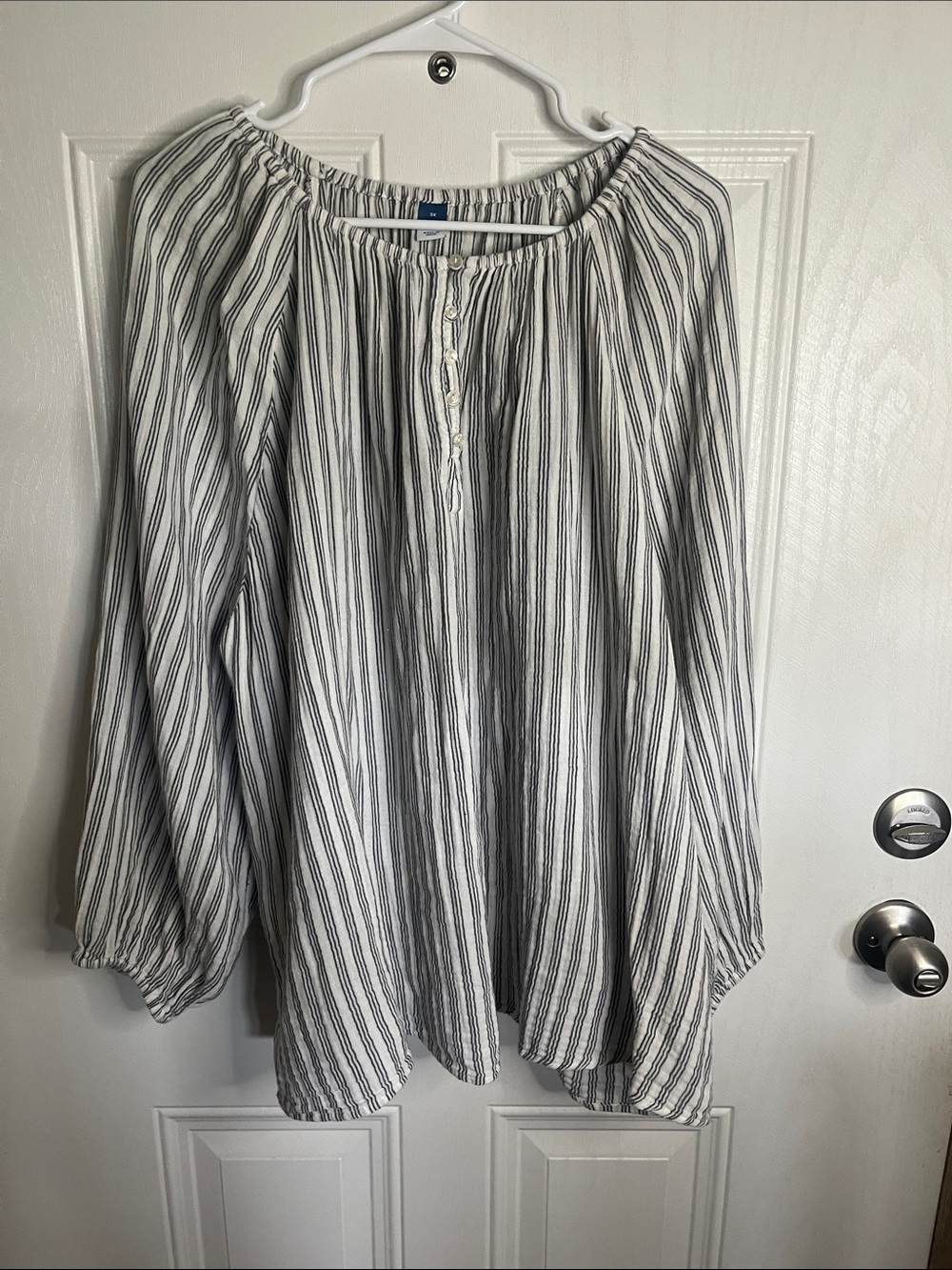 Old Navy White Blouse with Black Vertical Stripes